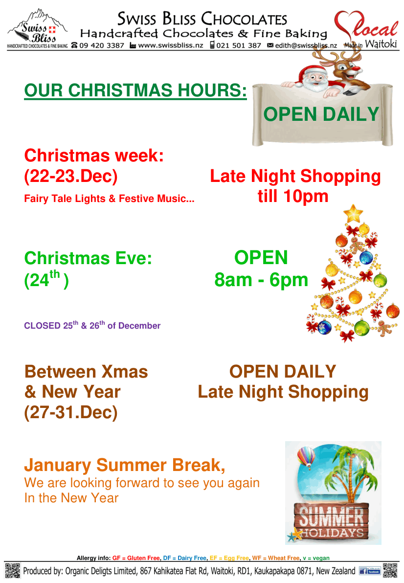 SwissBliss Christmas Opening Hours 2025
